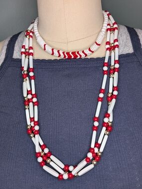 Vintage Red White Plastic Bead Necklaces (2) Choker Multi Strand Tubular Bugle